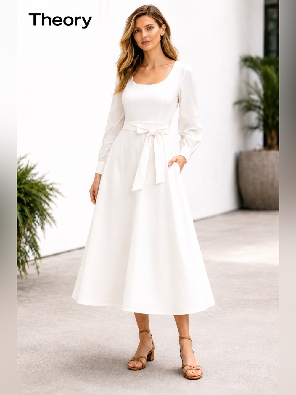 Theory White A-Line Midi Dress Size 6 Long Sleeve Tie Waist Minimalist Ivory